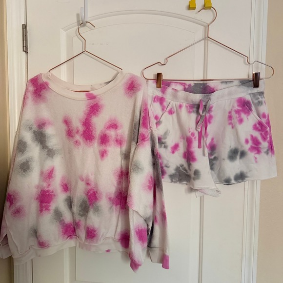 Free People Kelly Lounge Set Medium Pink Grey Tie Dye Excellent Fleece - Picture 6 of 9